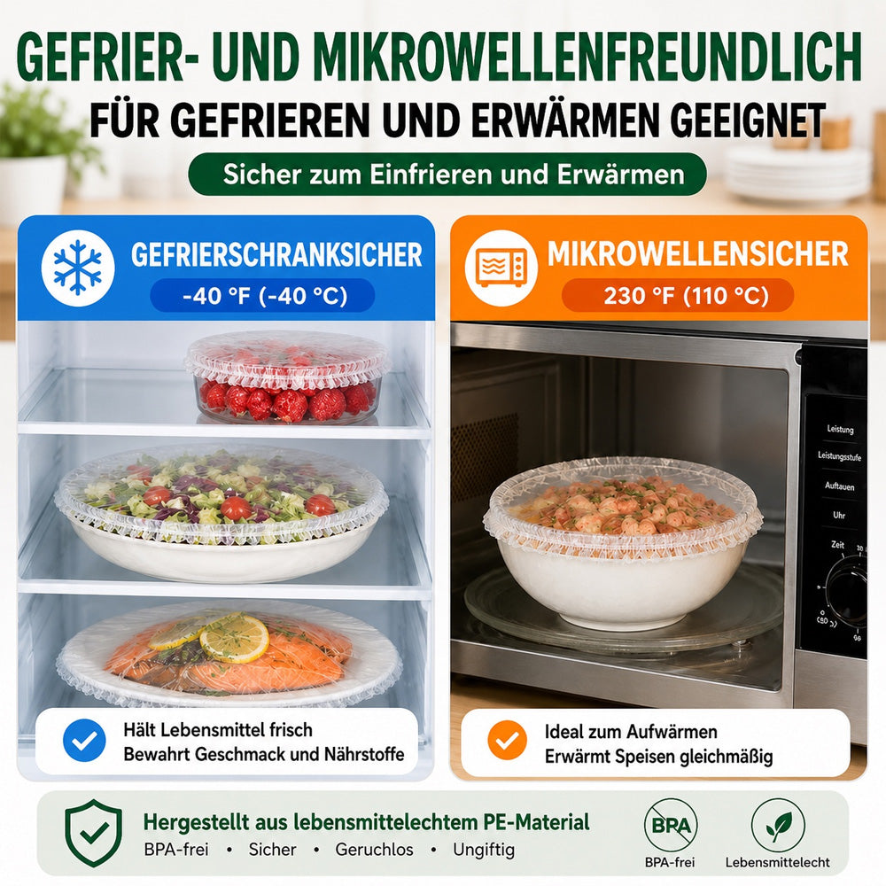 ❄️ 100 Stück Frischhaltehauben, Elastische Abdeckungen für Schüsseln & Teller, Alternative zu Frischhaltefolie, für Lebensmittel & Reste