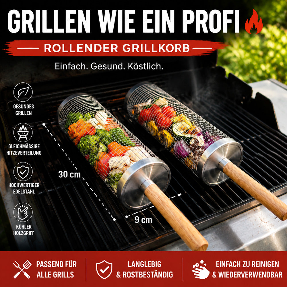 Der rollende Edelstahl-Grillkorb für Gemüse, Garnelen & kleine BBQ-Zutaten.🔥