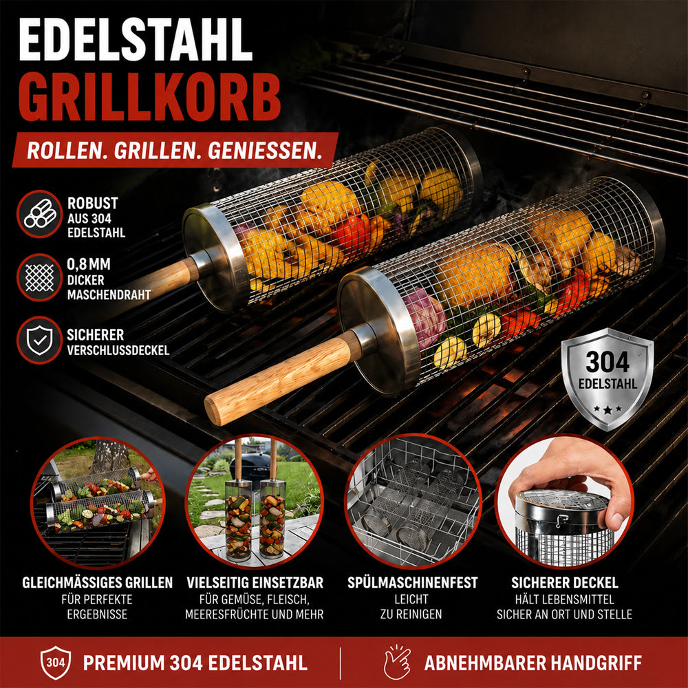 Der rollende Edelstahl-Grillkorb für Gemüse, Garnelen & kleine BBQ-Zutaten.🔥