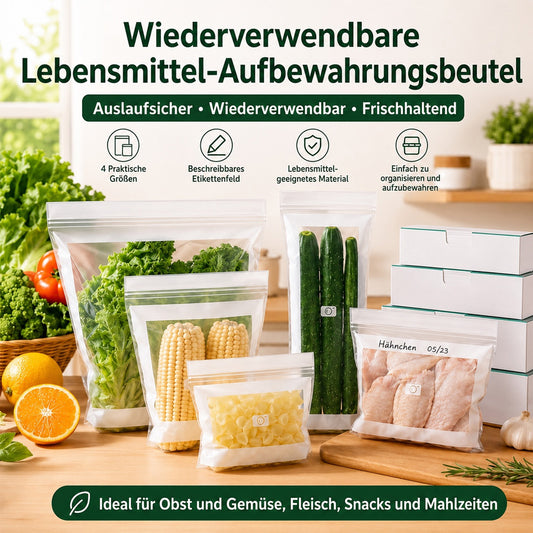 Transparente, lebensmittelechte Frischhaltebeutel mit verstärktem Doppelverschluss