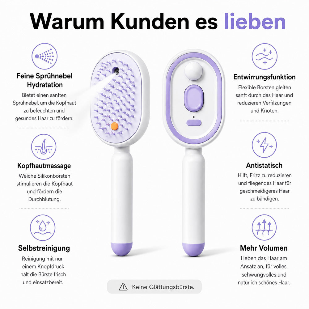 💖Elektrische Kopfhaut-Massagebürste 💆‍♀️ – Selbstreinigend 🧼, entwirrt ohne Ziepen ✨ mit Feuchtigkeitsspray 💨 | Für trockenes & strapaziertes Haar 🌟