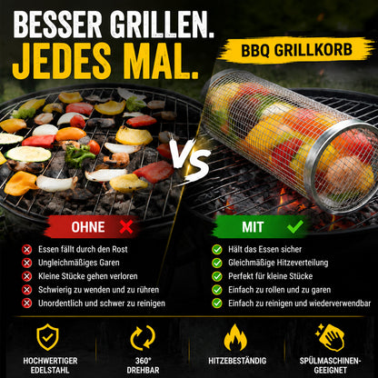 Der rollende Edelstahl-Grillkorb für Gemüse, Garnelen & kleine BBQ-Zutaten.🔥