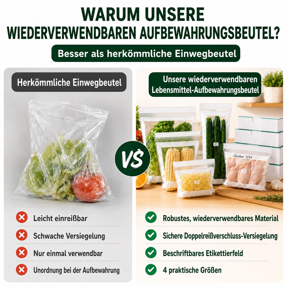Transparente, lebensmittelechte Frischhaltebeutel mit verstärktem Doppelverschluss