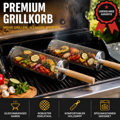 Der rollende Edelstahl-Grillkorb für Gemüse, Garnelen & kleine BBQ-Zutaten.🔥