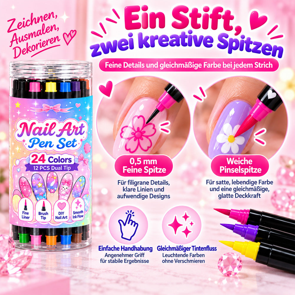 💅 NUR FÜR KURZE ZEIT: 50 % RABATT! 💥 24-Farben Nail-Art-Stifte mit Doppelspitze – Ausmalen & Gestalten in einem Set ✨