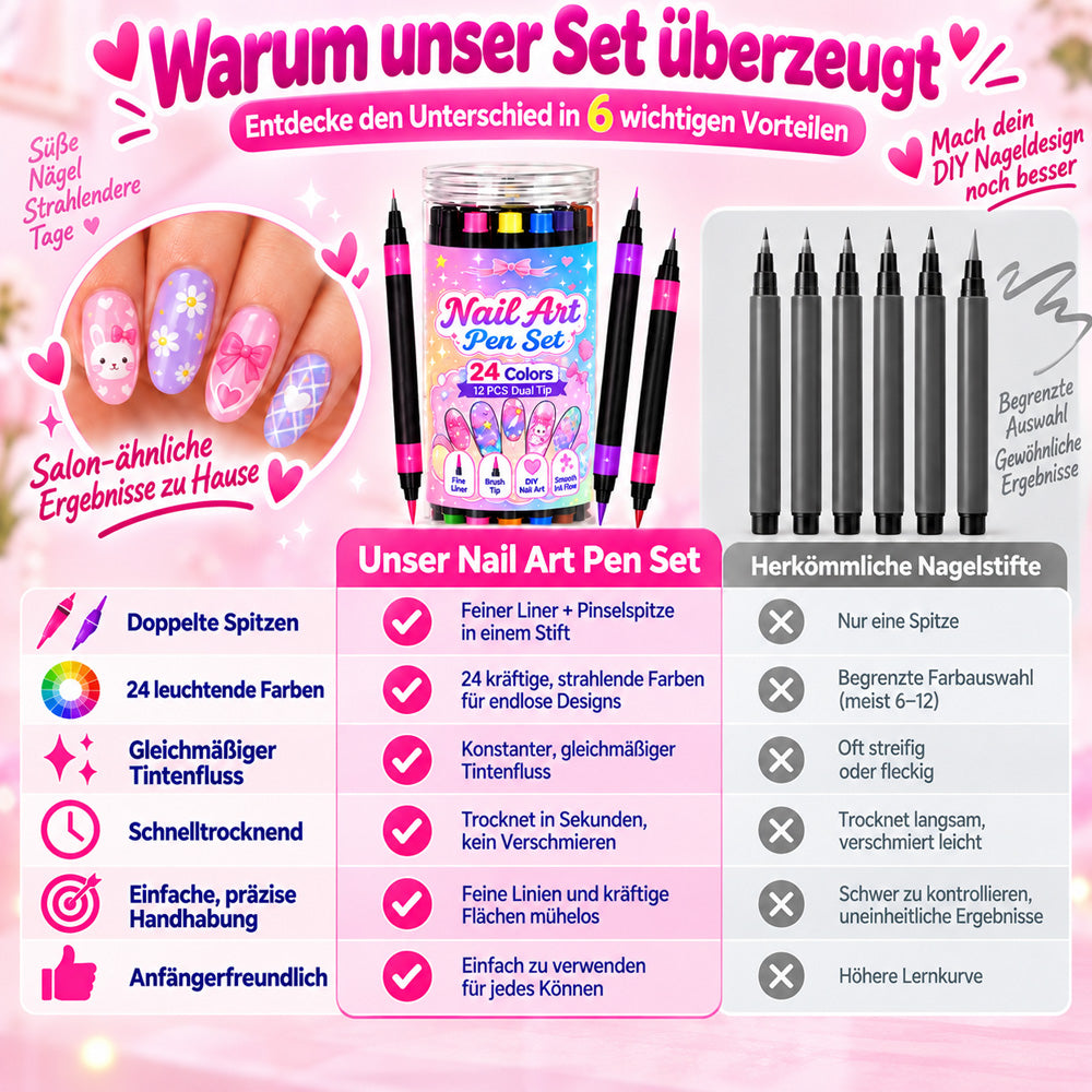 💅 NUR FÜR KURZE ZEIT: 50 % RABATT! 💥 24-Farben Nail-Art-Stifte mit Doppelspitze – Ausmalen & Gestalten in einem Set ✨