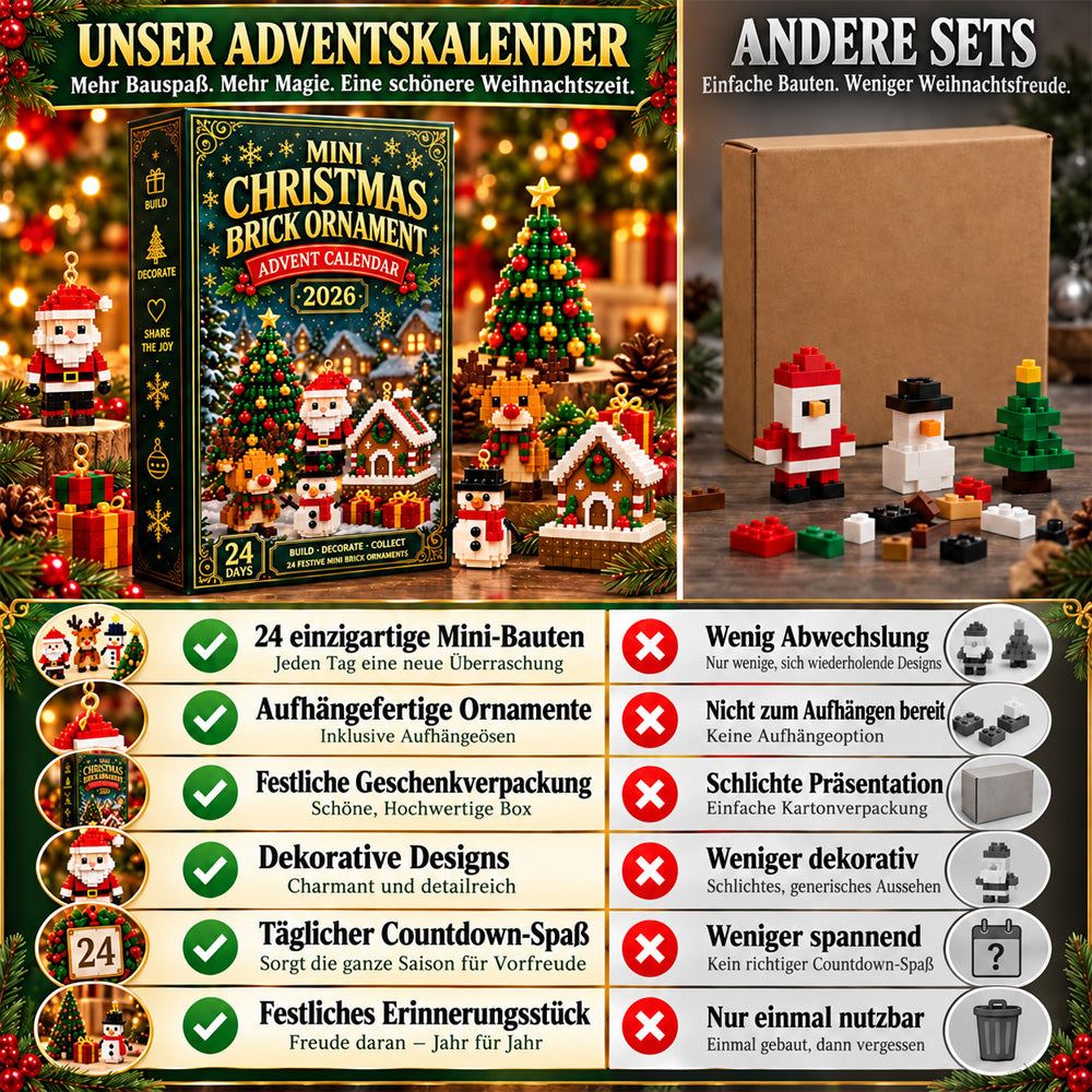 ⏳ Nur heute 50 % sparen – 🎄 24-Tage Mini-Weihnachtsanhänger-Adventskalender | 24 verschiedene festliche Mini-Bausätze mit Aufhängung – perfekt für Weihnachtsbaum, Kränze & festliche Deko 🧱