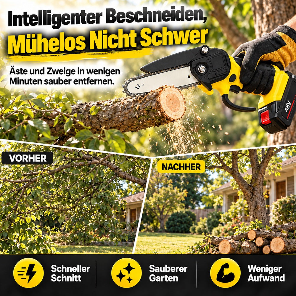 UPSELL🔥 57 % Rabatt+Kostenloser Versand ! Mini-Elektrosäge mit Sicherheitsschloss – Klein, aber kraftvoll! ✋️ Einhandbedienung, Sicherheitsschutz, 48V Akku ⚡ Limitiertes Angebot ⏳