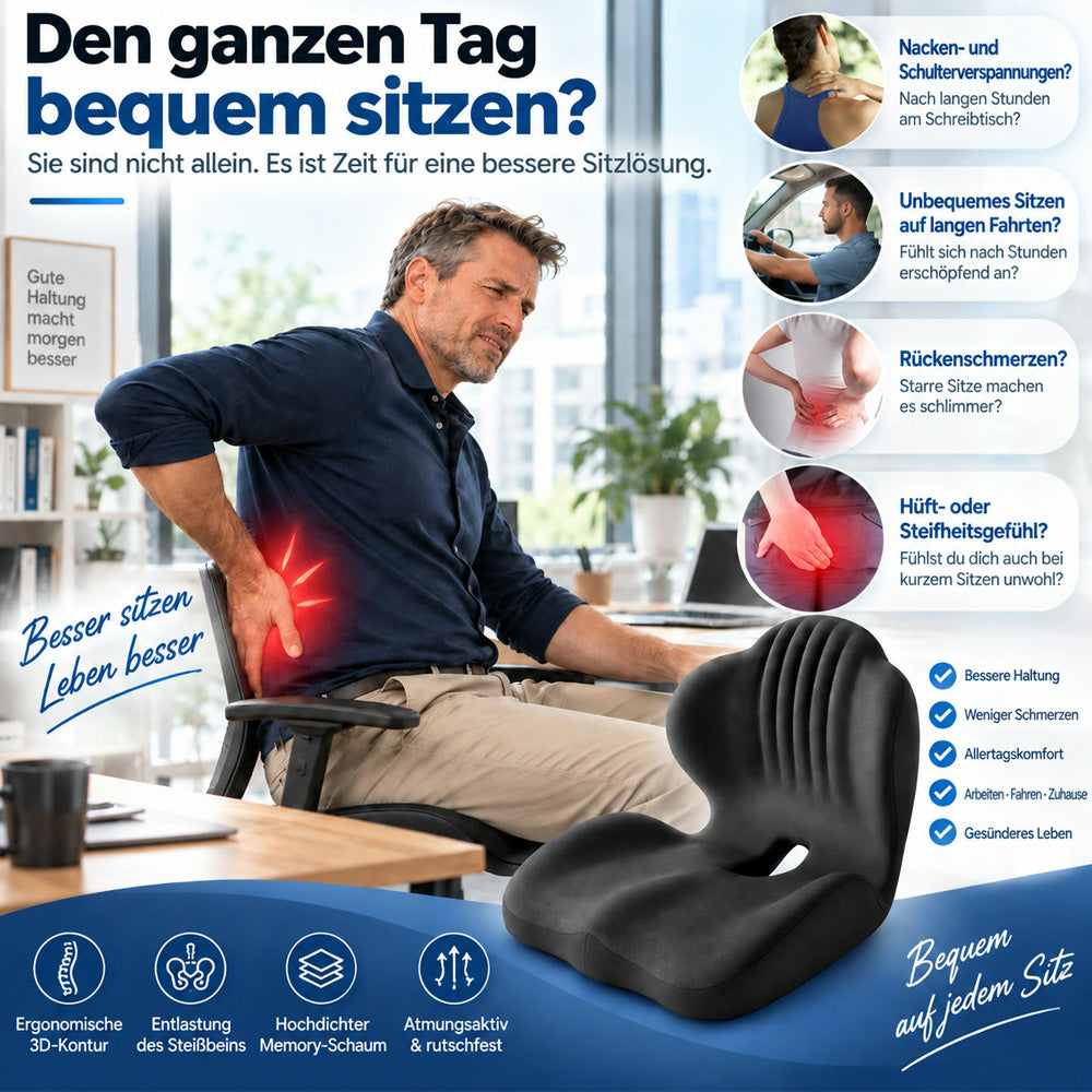 🪑🔥 50% RABATT! 💆 Ergonomisches Sitzkissen aus Memory-Schaum – Integrierte Rückenstütze, orthopädisch & vielseitig – Ideal für Bürostuhl, Auto & Homeoffice ✨✨