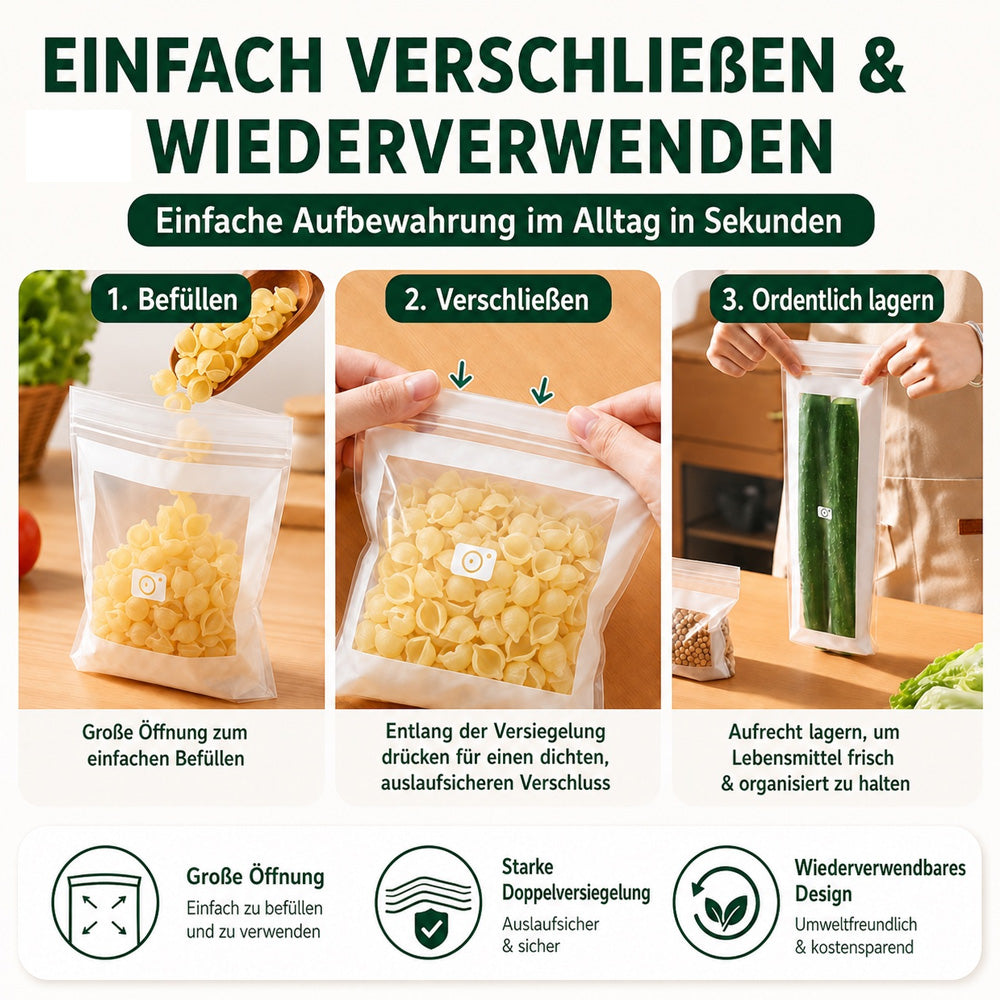 Transparente, lebensmittelechte Frischhaltebeutel mit verstärktem Doppelverschluss