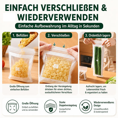 Transparente, lebensmittelechte Frischhaltebeutel mit verstärktem Doppelverschluss