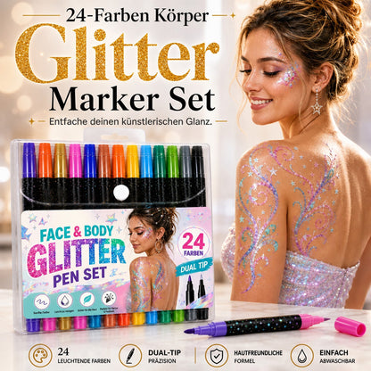 🎨 50% RABATT!✨ 24‑Farben Glitzer‑Marker‑Set mit Doppelspitze für Gesicht und Körper, lebendige Farben für Party‑Make‑up⭐