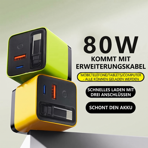 3-in-1-GaN-Ladegerät, 80 W MAX skalierbares Schnelllademodul mit Typ-C-Kabel und 2 USB-Anschlüssen