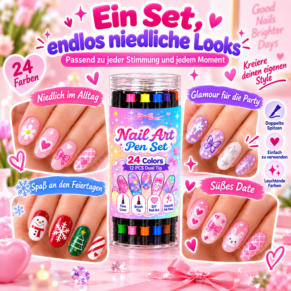 💅 NUR FÜR KURZE ZEIT: 50 % RABATT! 💥 24-Farben Nail-Art-Stifte mit Doppelspitze – Ausmalen & Gestalten in einem Set ✨