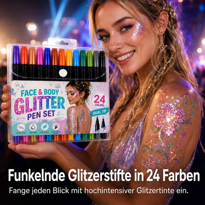 🎨 50% RABATT!✨ 24‑Farben Glitzer‑Marker‑Set mit Doppelspitze für Gesicht und Körper, lebendige Farben für Party‑Make‑up⭐