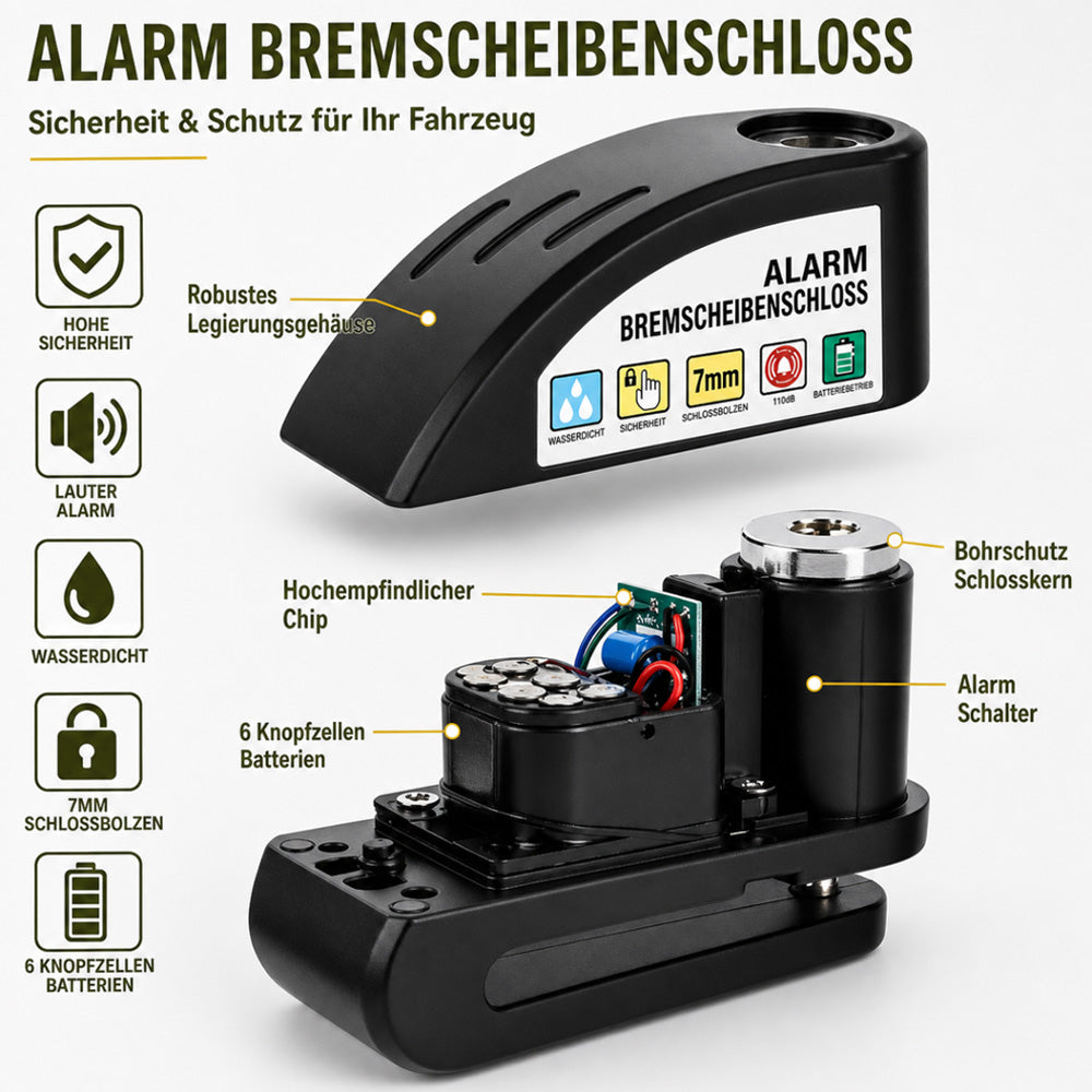 🔒 Scheibenbremsschloss für Motorräder/Fahrräder mit Alarmfunktion | Sofortige Sicherheit, wirksame Abschreckung 🚨