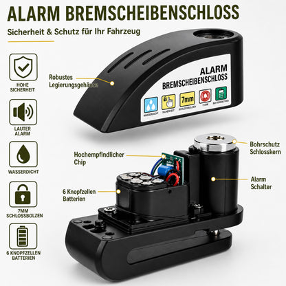 🔒 Scheibenbremsschloss für Motorräder/Fahrräder mit Alarmfunktion | Sofortige Sicherheit, wirksame Abschreckung 🚨