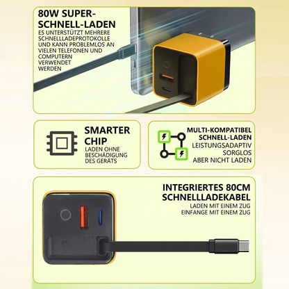 3-in-1-GaN-Ladegerät, 80 W MAX skalierbares Schnelllademodul mit Typ-C-Kabel und 2 USB-Anschlüssen
