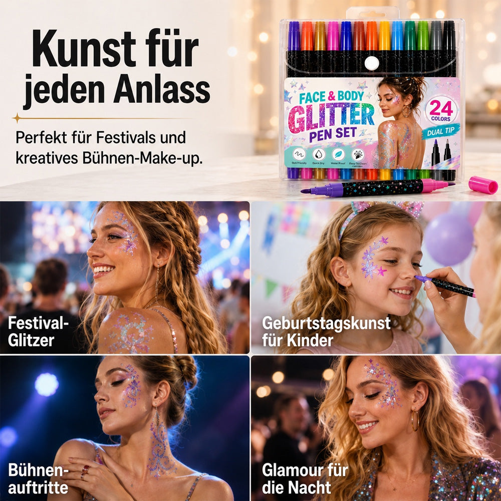 🎨 50% RABATT!✨ 24‑Farben Glitzer‑Marker‑Set mit Doppelspitze für Gesicht und Körper, lebendige Farben für Party‑Make‑up⭐