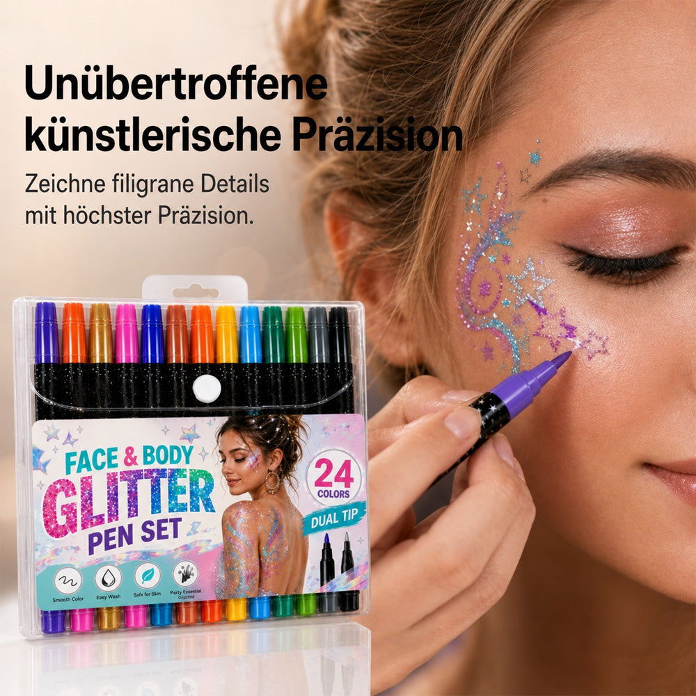 🎨 50% RABATT!✨ 24‑Farben Glitzer‑Marker‑Set mit Doppelspitze für Gesicht und Körper, lebendige Farben für Party‑Make‑up⭐