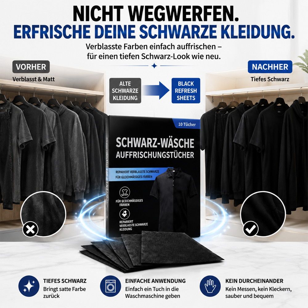 1 kaufen 1 GRATIS dazu🫧Schwarz-Wäsche Auffrischungstücher🖤Verblasste schwarze Kleidung wieder wie neu aussehen lassen