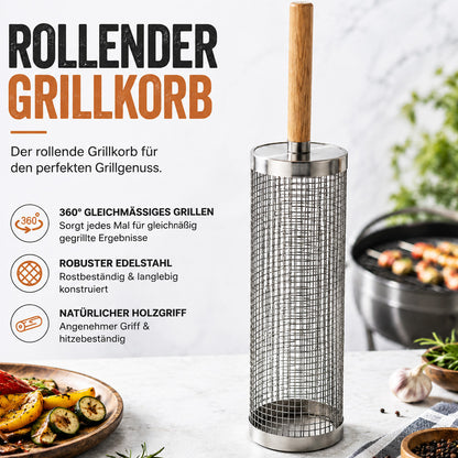 Der rollende Edelstahl-Grillkorb für Gemüse, Garnelen & kleine BBQ-Zutaten.🔥