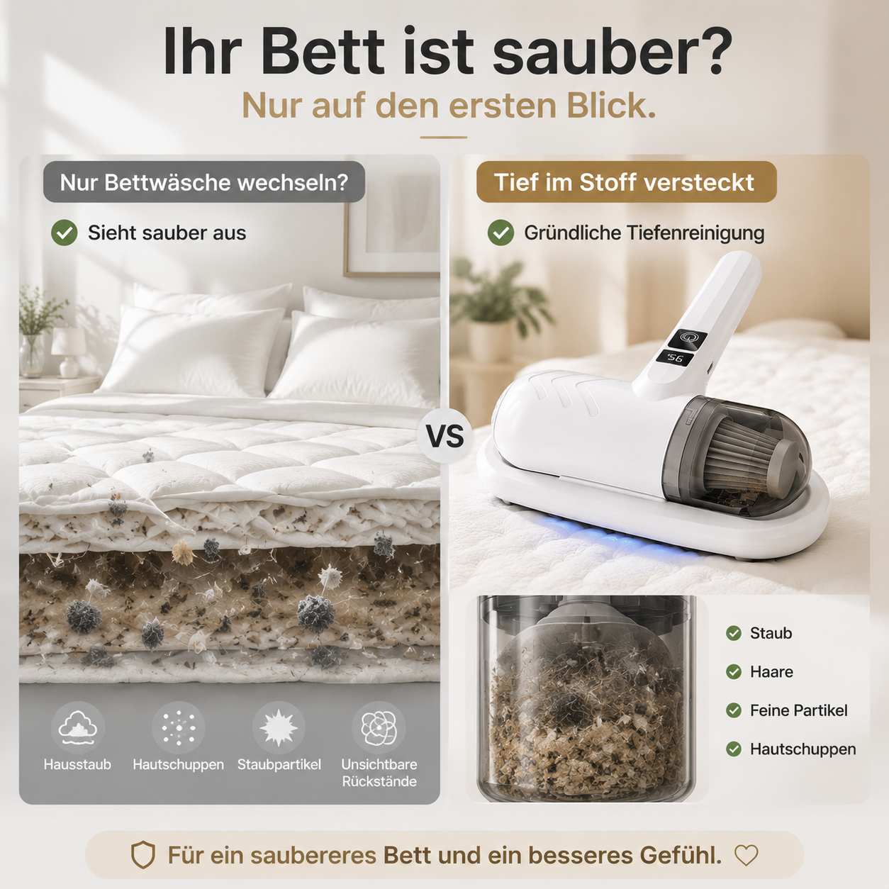🌟Komplett aufgerüstet🛏️Über 500.000 Stück verkauft!💝Bettstaubsauger mit UV-C-Licht – Klopfen + Saugen + UV in einem!💥🔦
