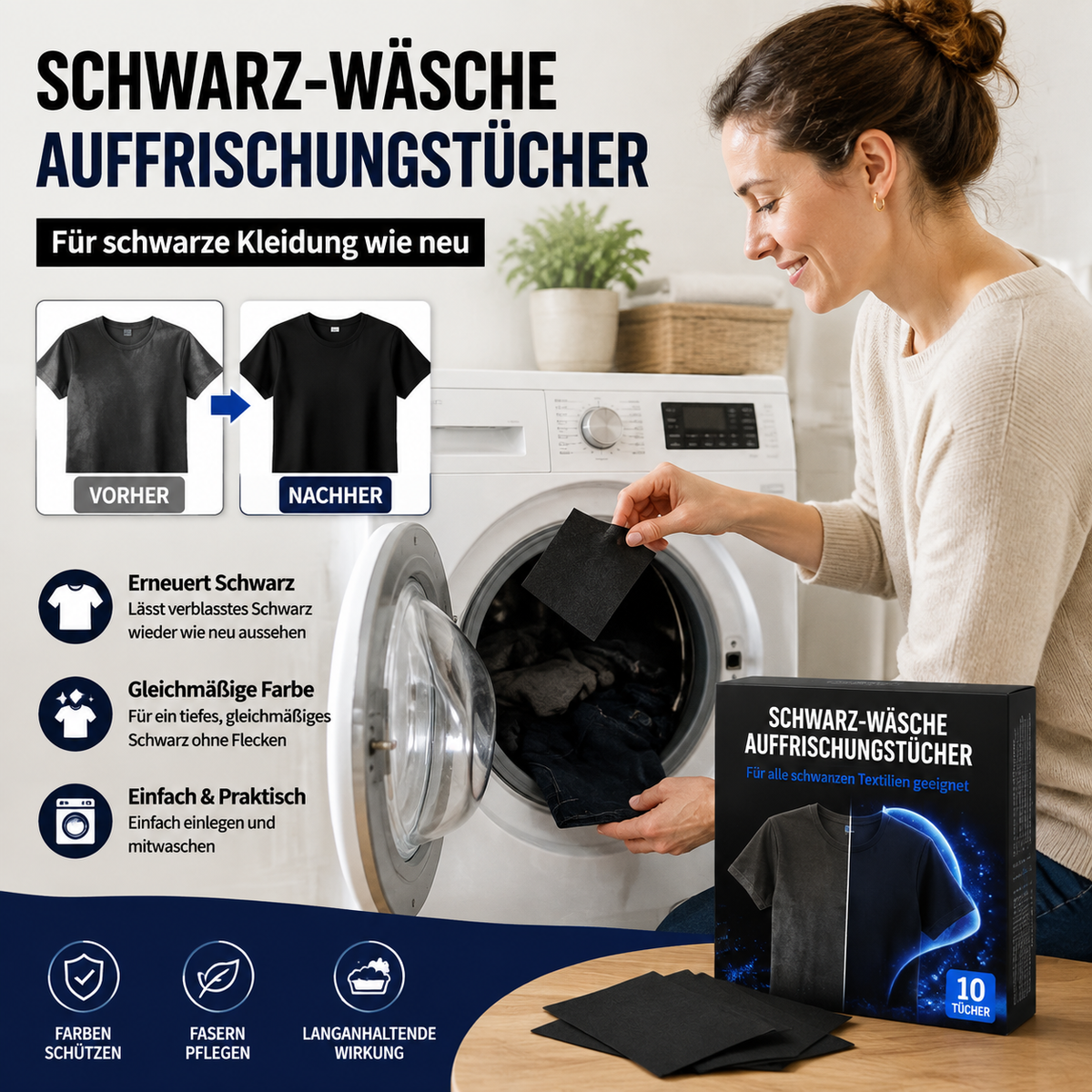 1 kaufen 1 GRATIS dazu🫧Schwarz-Wäsche Auffrischungstücher🖤Verblasste schwarze Kleidung wieder wie neu aussehen lassen