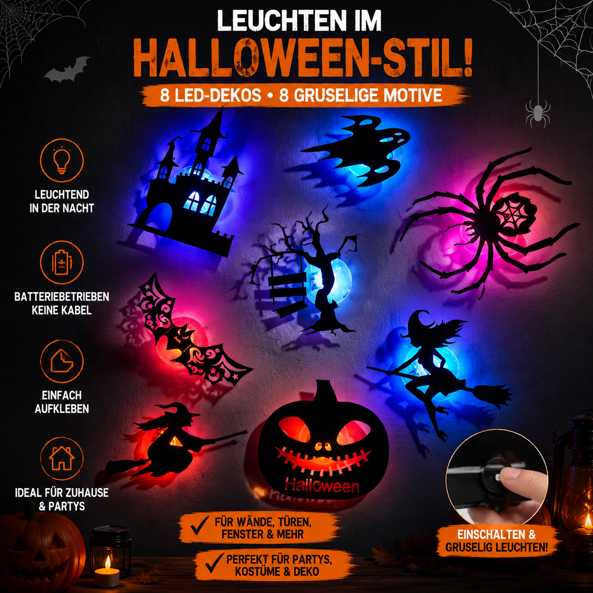 🎃 Leuchtende Halloween LED-Deko👻Für Wände, Türen, Taschen, Kostüme, Hüte, Deko-Zweige & mehr.