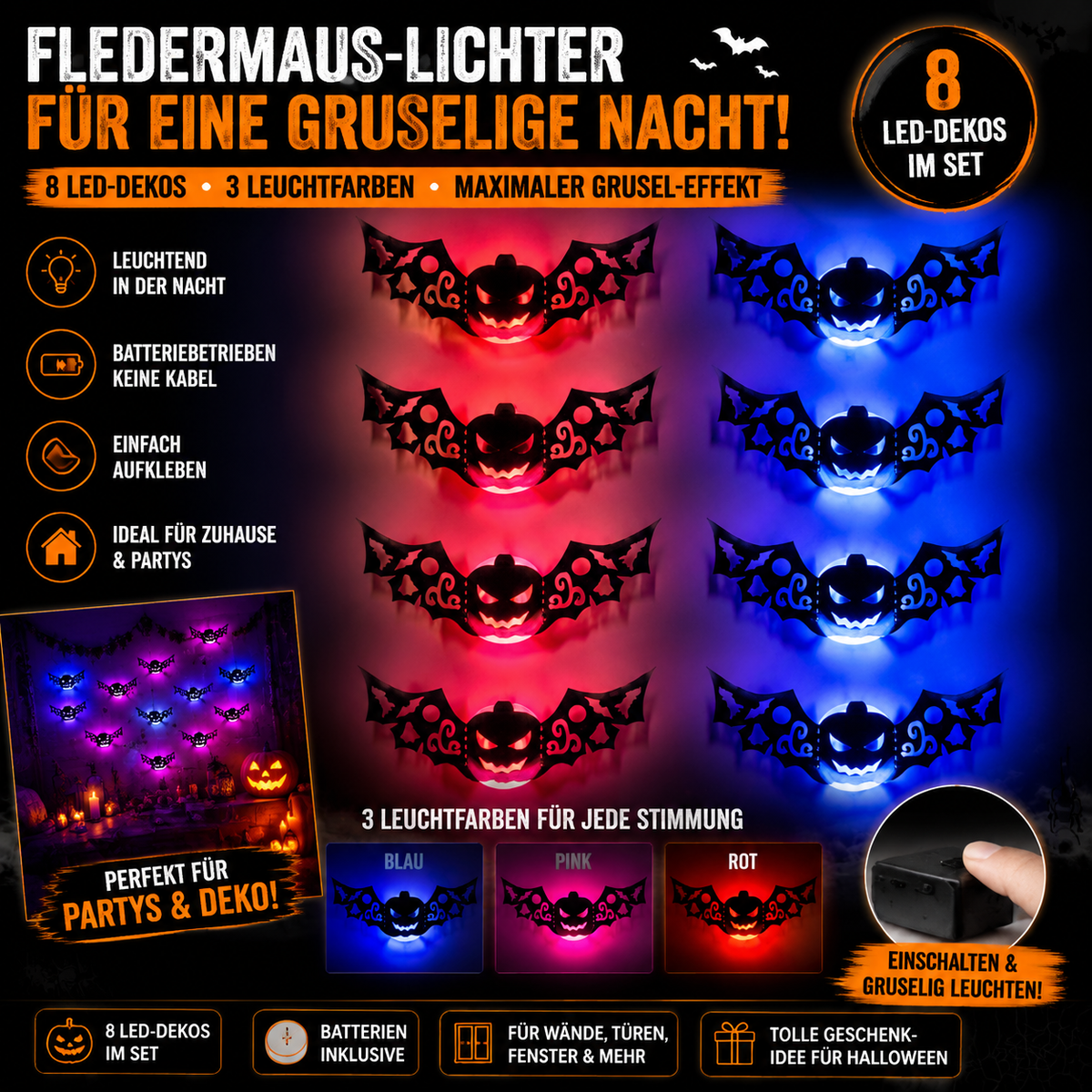 🎃 Leuchtende Halloween LED-Deko👻Für Wände, Türen, Taschen, Kostüme, Hüte, Deko-Zweige & mehr.