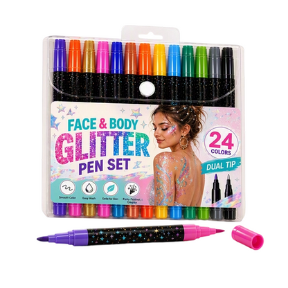 🎨 50% RABATT!✨ 24‑Farben Glitzer‑Marker‑Set mit Doppelspitze für Gesicht und Körper, lebendige Farben für Party‑Make‑up⭐